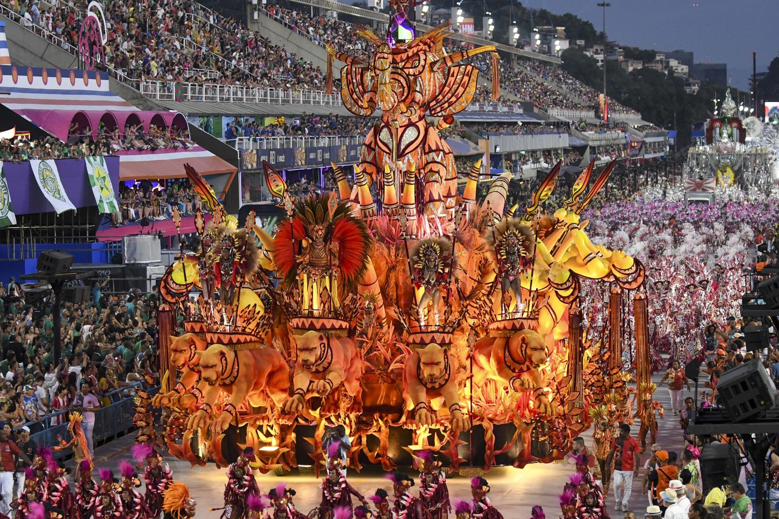 A samba school parading in the Rio Sambadrome at Carnival