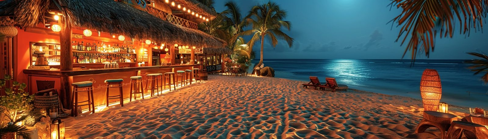 A thatched-roof beach bar beside the sand
