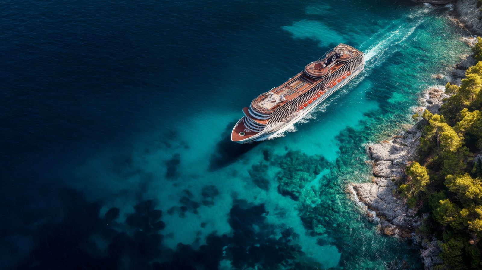 A cruise ship sailing across open blue water, seen from above