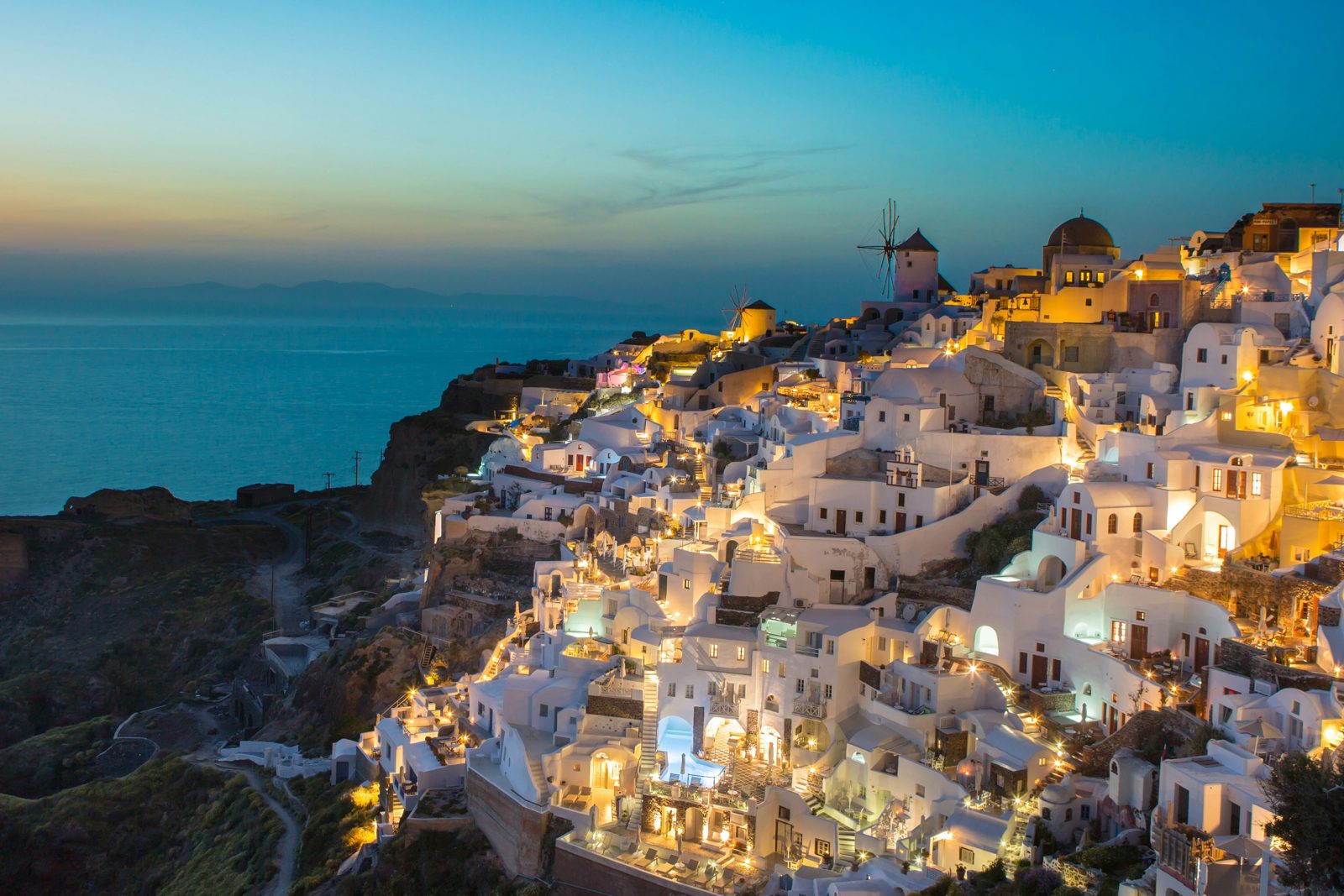 Whitewashed Oia on Santorini at dusk