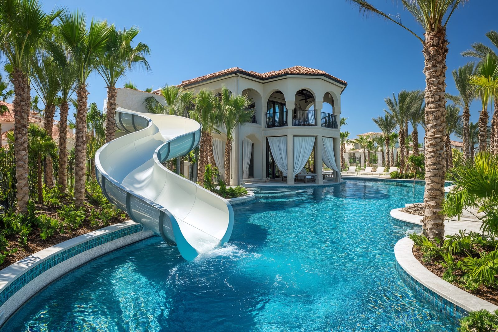 A waterslide splashing into a turquoise resort pool